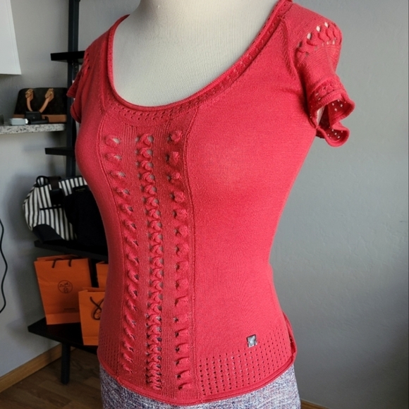 CAROLINA Herrera knit top short sleeve  scoop neck red sweater - Picture 2 of 11